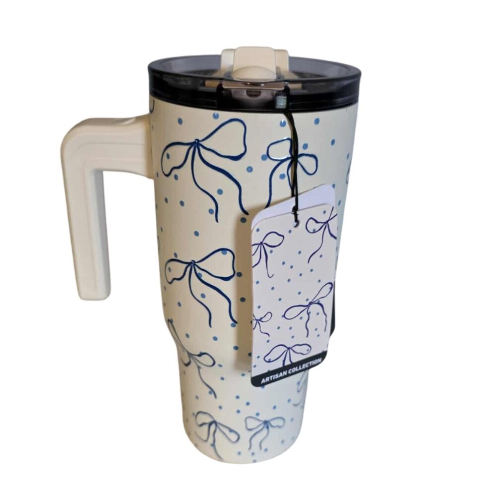 NWT HydraPeak Artisan Collection Dark Blue Bows Voyager 25 oz Flip & Straw Lid